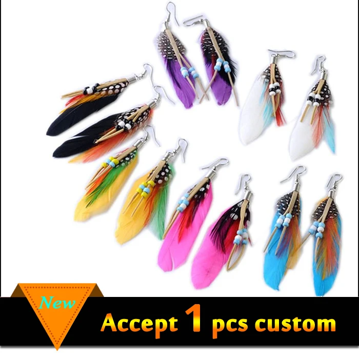 China wholesale long feather wood beads drop earrings for sale