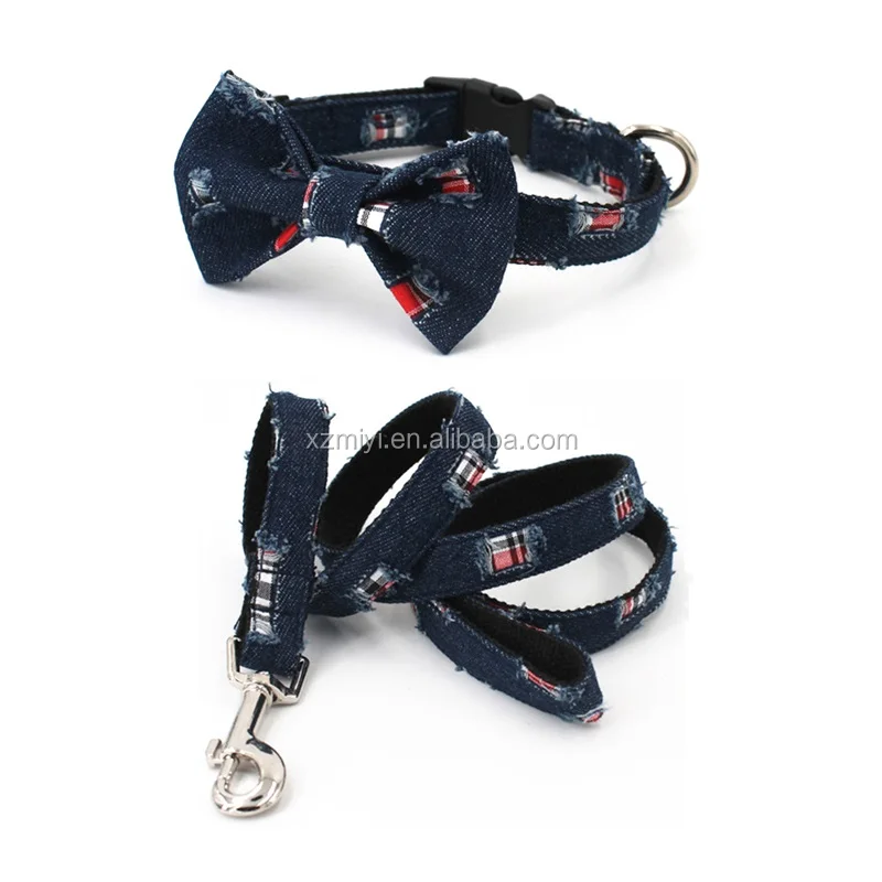 
DIY customized Denim dog collar with bowtie& leash,Soft Padded puppy&cat pet accessories 
