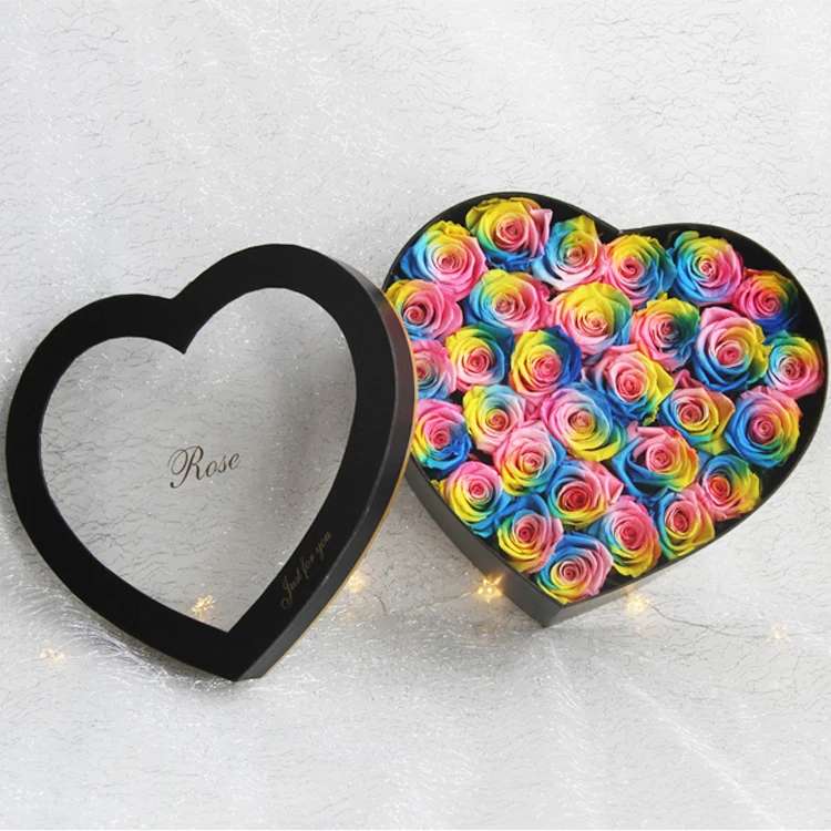 
Handmade Heart Shape rainbow Preserved Eternity Long Lasting rose in heart shape flower gift box 