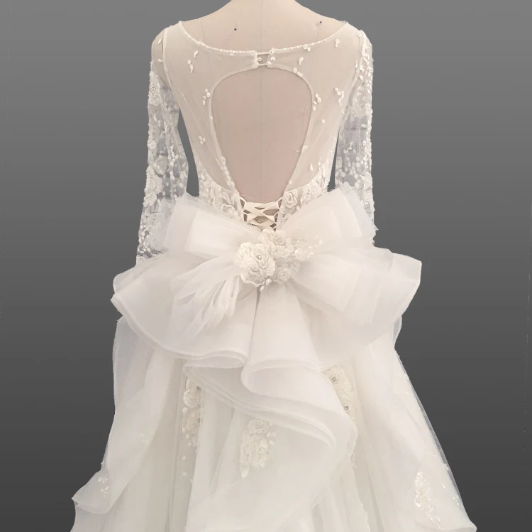 Novia Vestido De Sexy Transparent Gowns Luxury Wedding Dress Long Sleeve Wedding Dresses With Large Bowknot