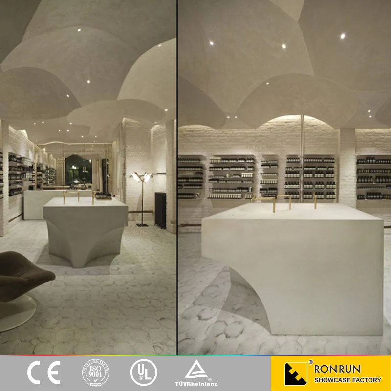 Fashionable wooden makeup store fixture cosmetic shop counter interior design