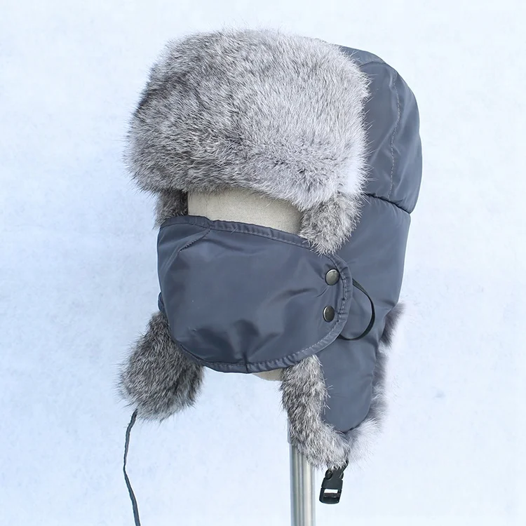 2023 new type SKI MASK rex rabbit fur hat  Russian winter FUR hat with mouth-muffle