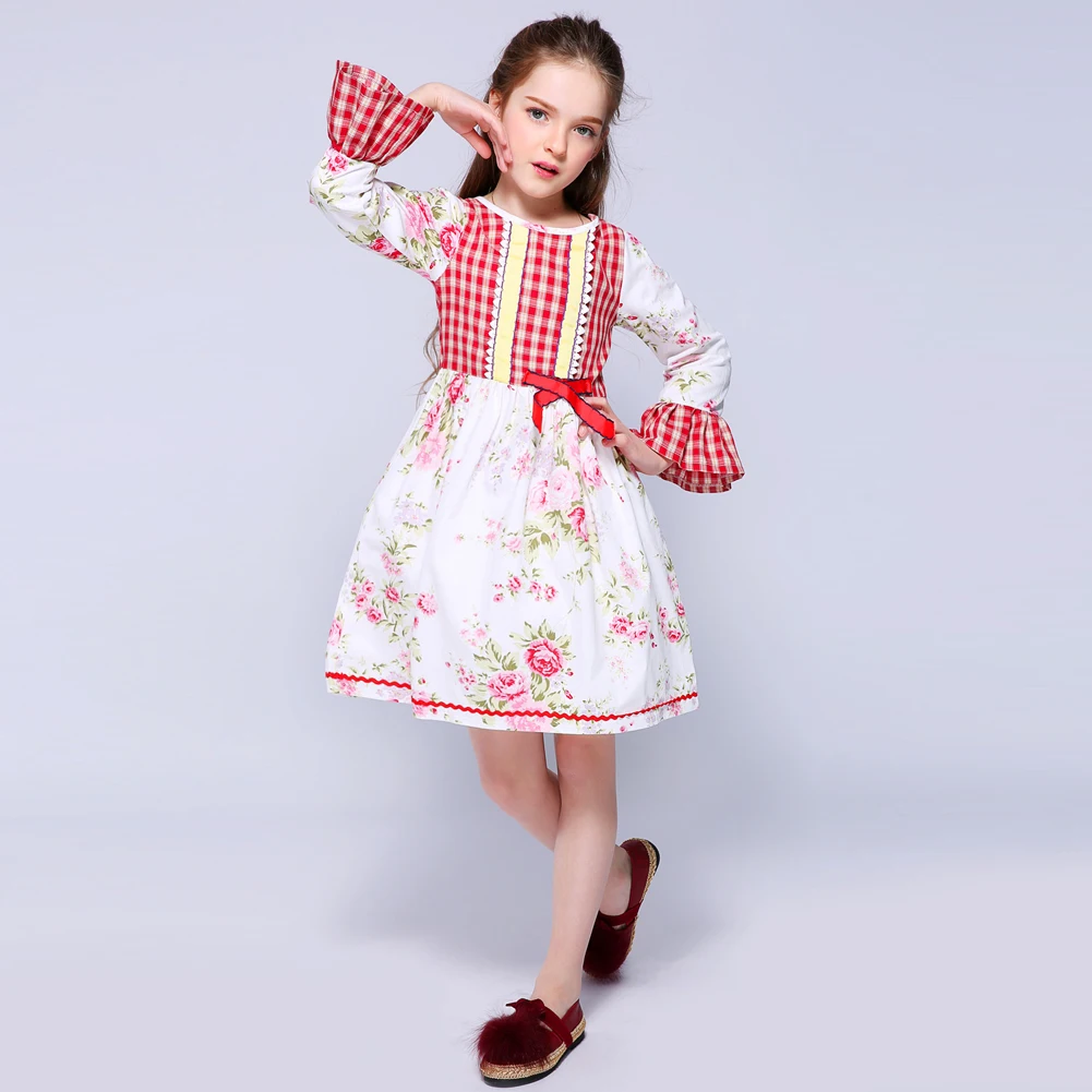 Kseniya Kids Pink Floral Plaid Patchwork Petal Sleeve Fancy Dress For Indian Girl Party Communion Girls Floral Dresses