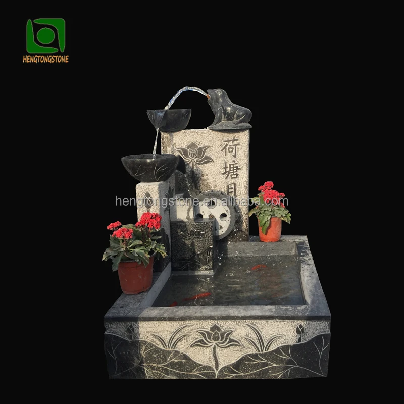 Chinese Antique Black Marble Stone Wall Fountain With Lotus And Frog