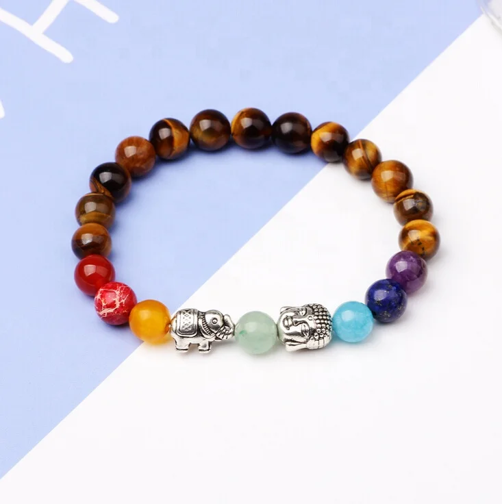 Ladies Fashion Alloy Buddha Elephant Charms Tiger Eye Beads 7 Colors Onyx Lucky Beads Chakra Bracelet
