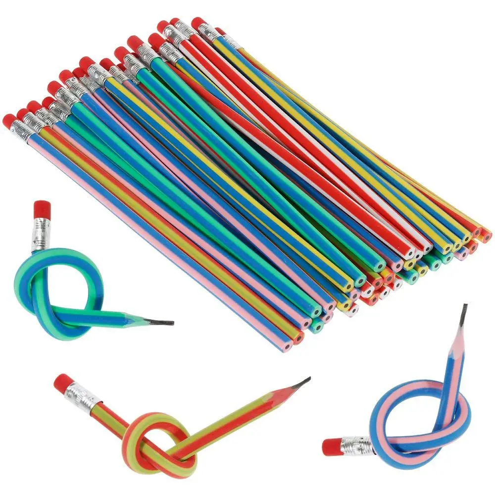 Multi Colored Striped Magic Pencil With Eraser,12 Inches long Soft Bendy Flexible For Kids-Great Fun Gift For Students