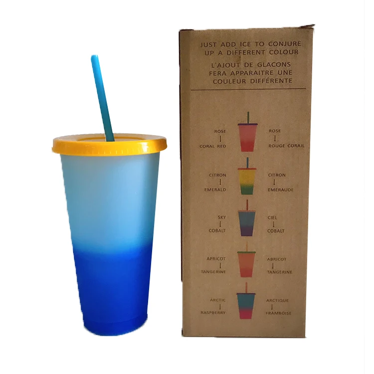12/16/24OZ BPA free Custom silkscreen logo plastic cup with straw cold coffee color changing tumble