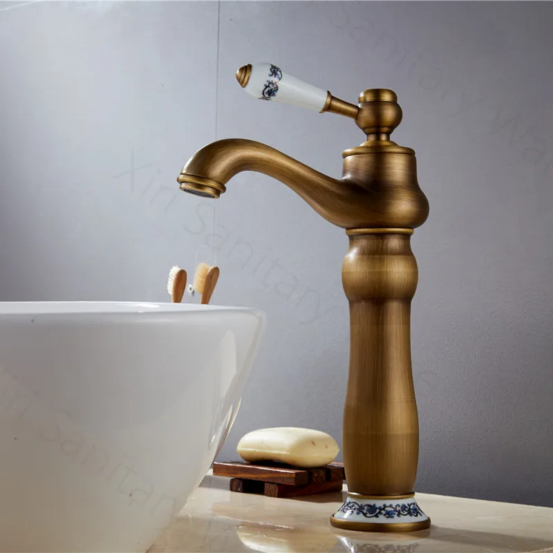 Antique Brass Faucet Deck Mounted Curved Basin Faucet XiRi-8766 For Bathroom