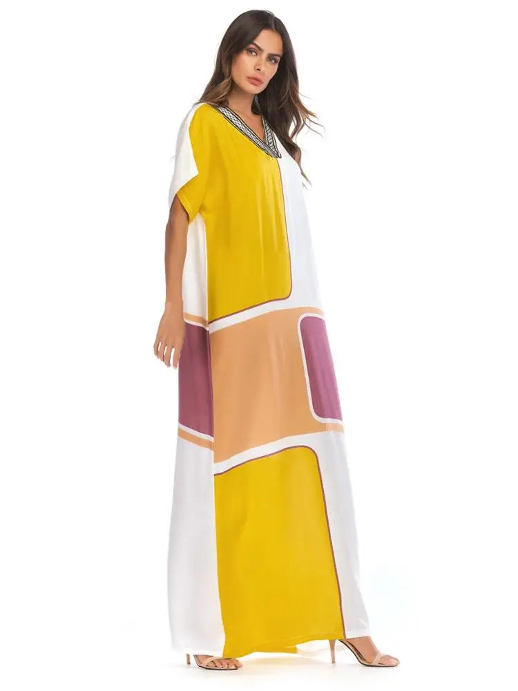 A3409 Summer Women Loose Bat Sleeve Dress Muslim Kaftan Abaya Vintage Islamic Maxi Robe