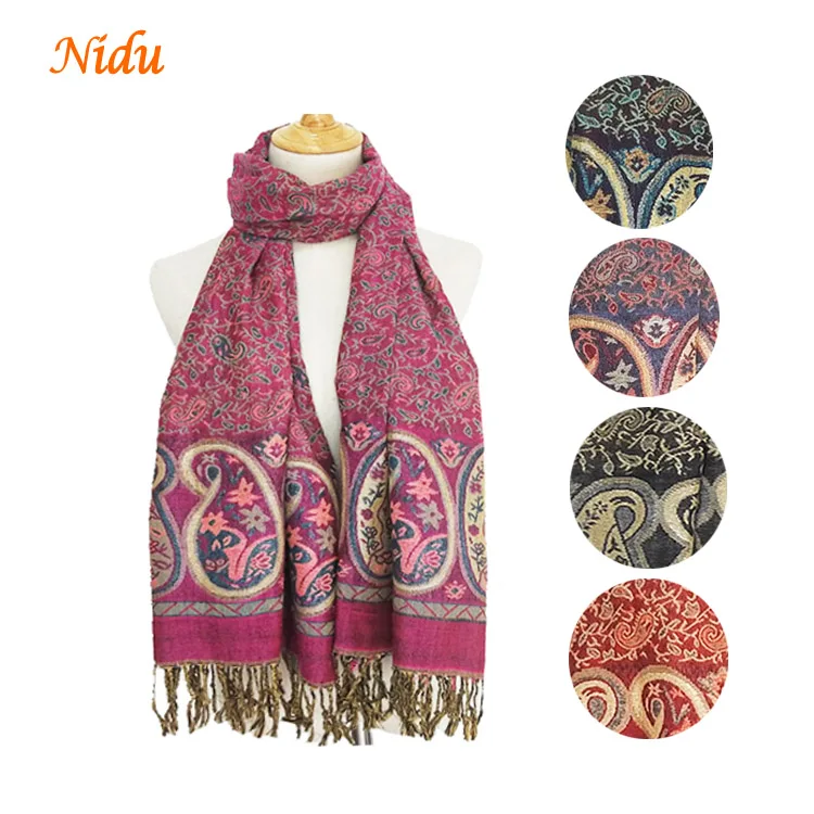 Pashmina Silk Paisley Border Pattern With Tassel Fringes Scarf Shawl Thin Stole Rave Gift for Women Autumn Winter Spring