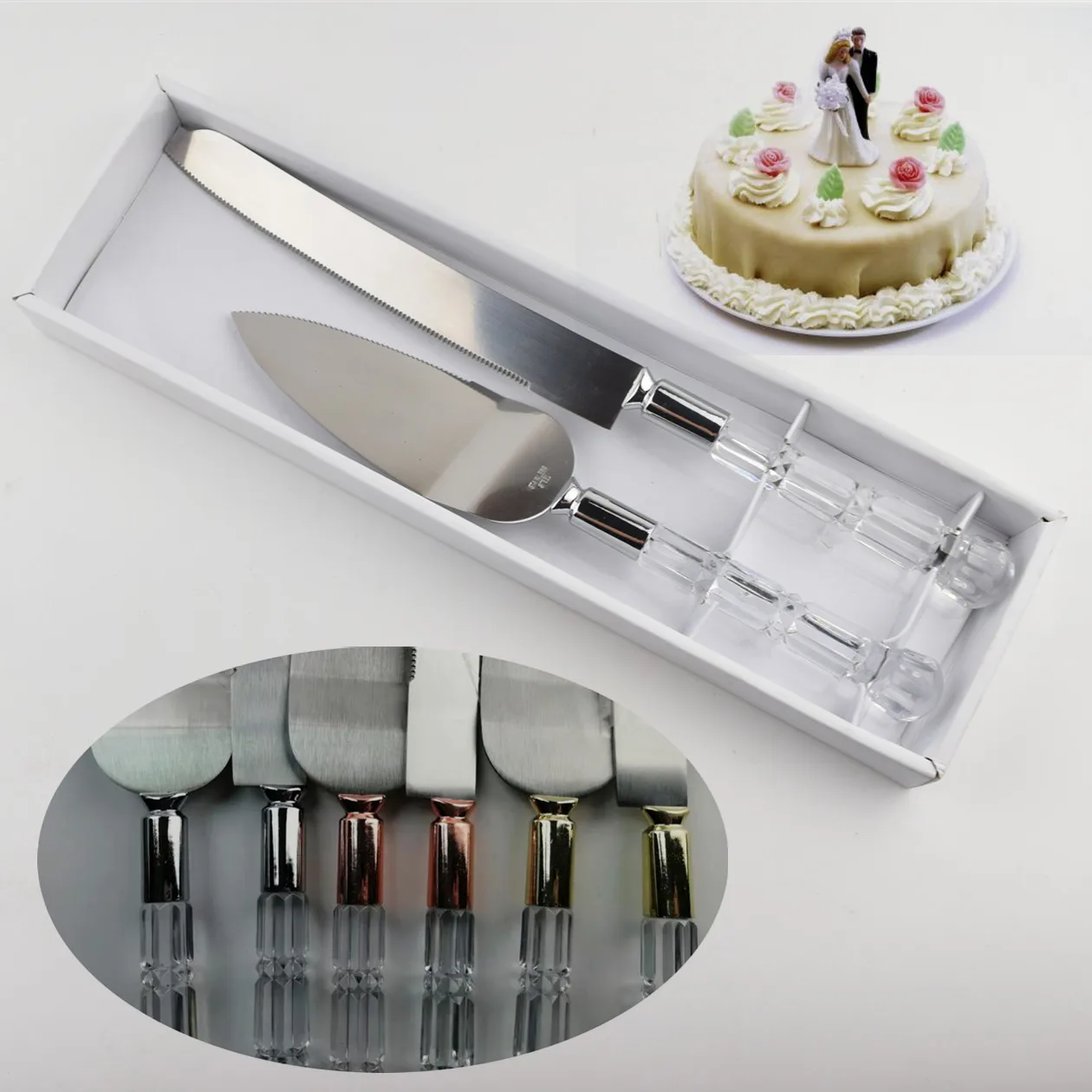 3 pack cake scoop tools set stainless steel pizza cutter cake knife and server set with transparent plastic crystal PS handle