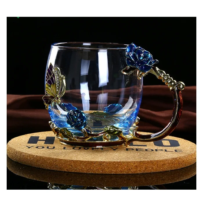 unique design flower tea cup  300-400ml  customized Logo glass tea mug with abnormal handle