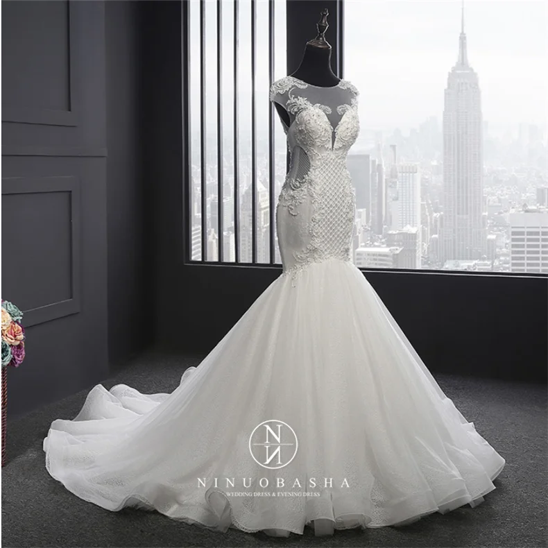 Spring New Luxury Lace  Backless Skinny Temperament Mermaid Wedding Dress Flower Bridal Gown