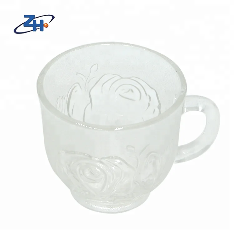 Hot sale rose embossed pattern glass coffee tea mug with saucer