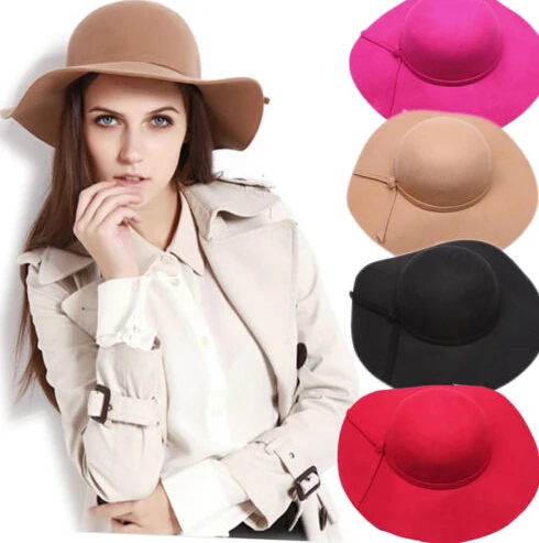Women Vintage Wide Brim Wool Felt Bowler Fedora Hat Floppy Cloche cap