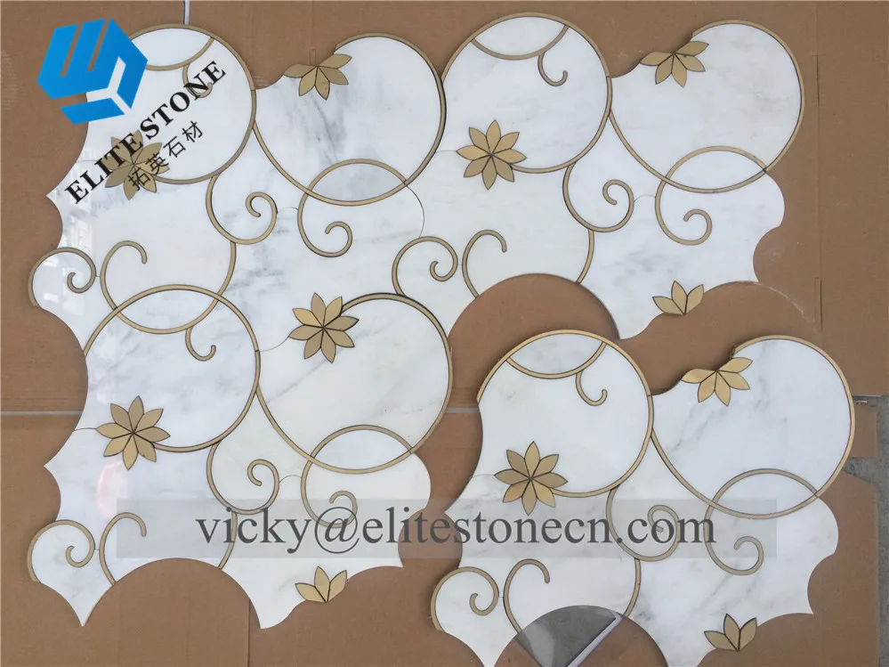 carrara white marble water jet mosaic gold metal brass inlay luxury wall tile