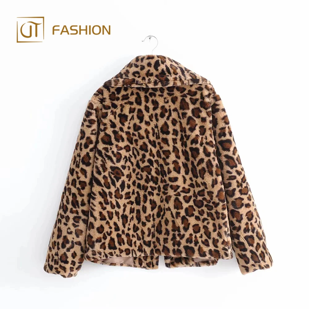 New arrival jtfur leopard ladies warm short lapel fake fur jacket