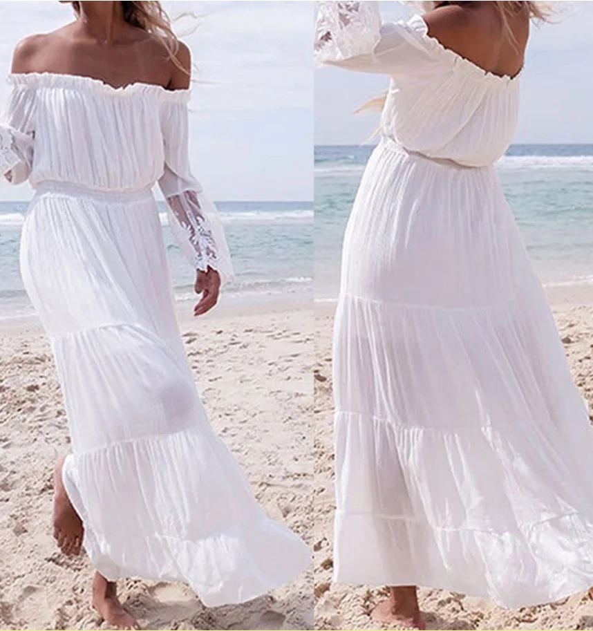 
2017 New Summer Boho Long Maxi Dress Off Shoulder White Lace Beach Dress 