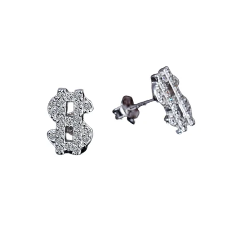 Plated White 925 Sterling Silver Cubic Zirconia Stud Earrings Dollar $ Symbol Stud Earrings