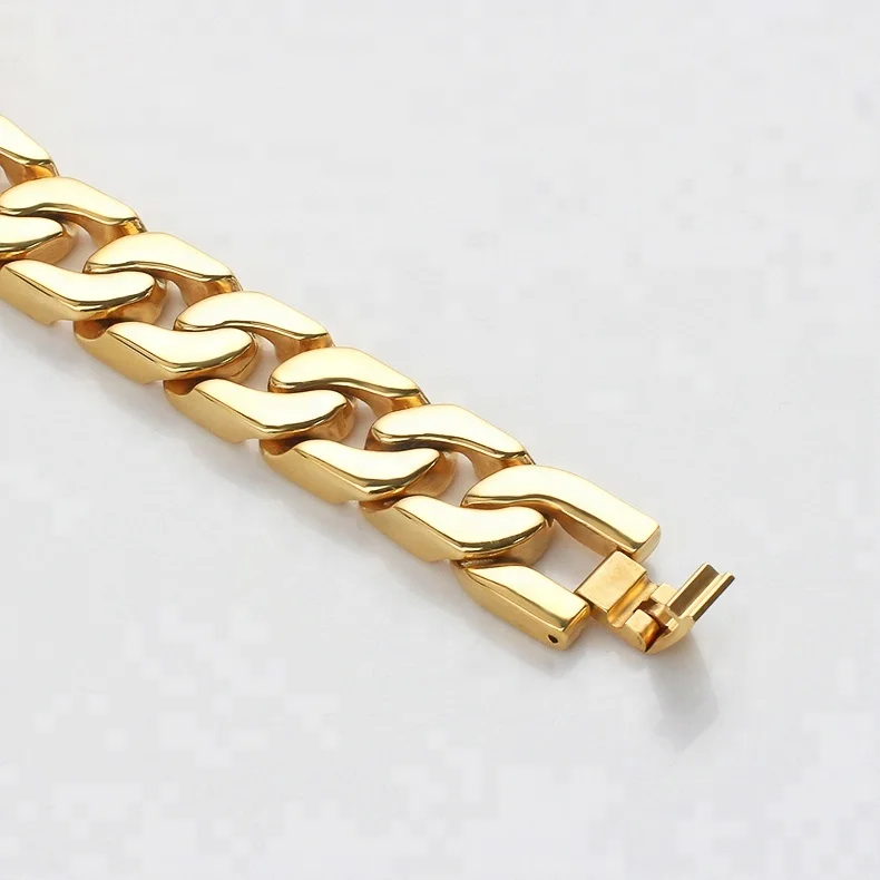 OUMI New Mens Two Line Big Thick Bracelet Gold Plated Stainless Steel CNC Zircon Stone 18k Yellow Italian Charm Bracelet CN;GUA