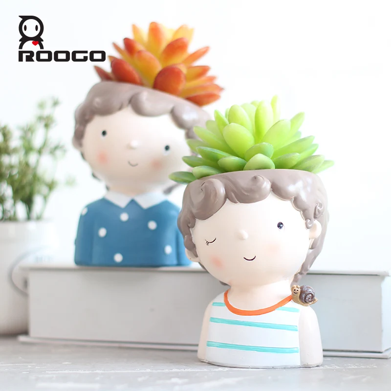 Roogo curly cartoon boy wholesale resin flower pot