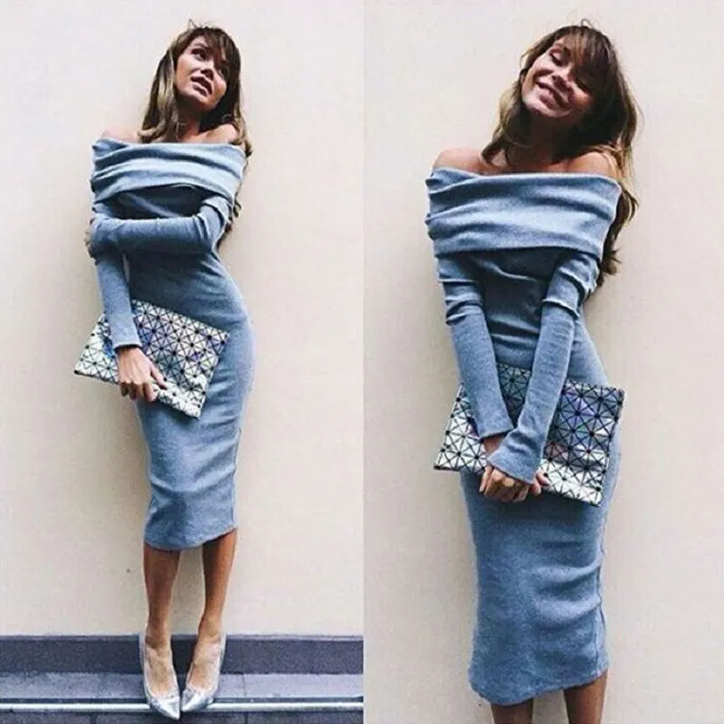 Women Off The Shoulder Dress Sexy Party Night Club Dress Slash Neck Maxi Dress Blue Slim