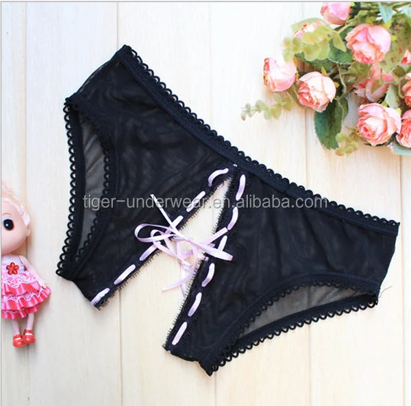 open front black lace hollow out panty see through women sexy underwear