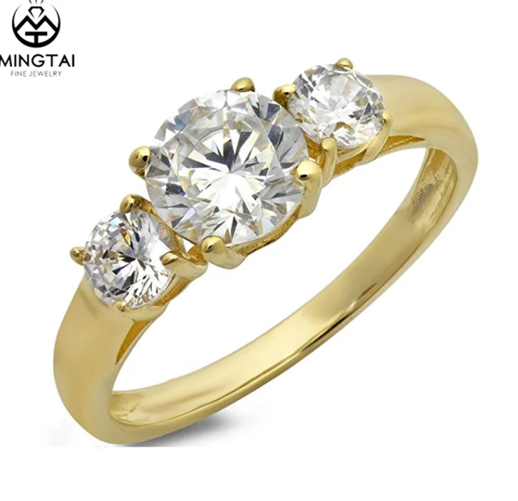 
14K Round Cut Solitaire Three Stone ring zirconia gold wedding rings jewelry 