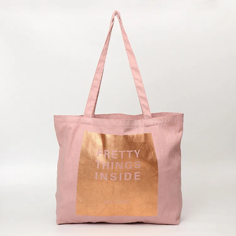 100% cotton canvas gold printing pink tote bag with logo