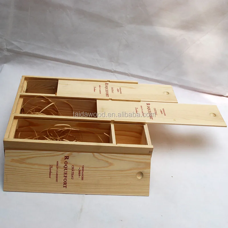 Large Pine Wooden Triple Champagne Bottle Box Plywood Slide Lid Wine Box