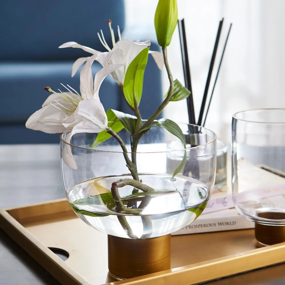 Bixuan Vases Clear Glass Flower Arrangement Vase with Brass Stand Decor Bowl Candleholder Table Centerpieces, 17x15.5CM