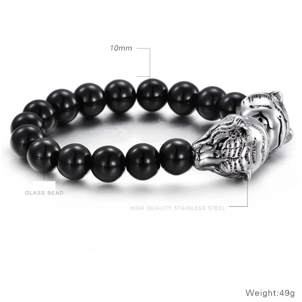 
Fashion Elastic Adjustable Casting Stainless Steel Wolf Head Tiger Dragon Glass Stone Beads Bracelets 