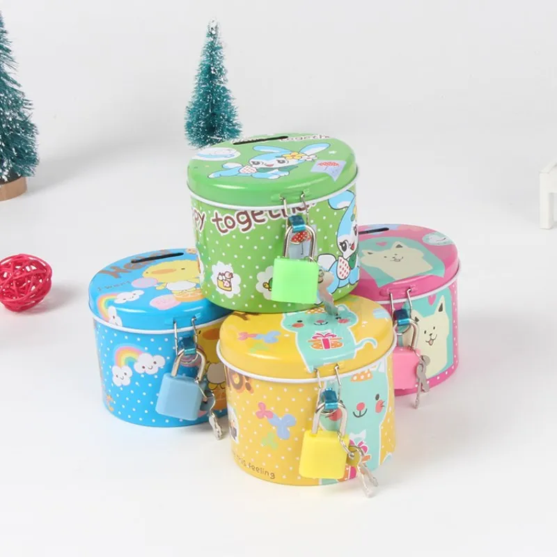 Promotion kids gifts cartoon tin can coin bank with lock