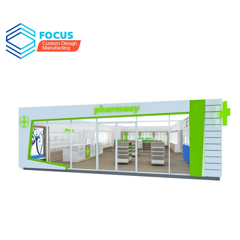 3D Design Render Retail Pharmacy Shop Interior Design Pharmacy Wood Showcase Designs For Medical Store