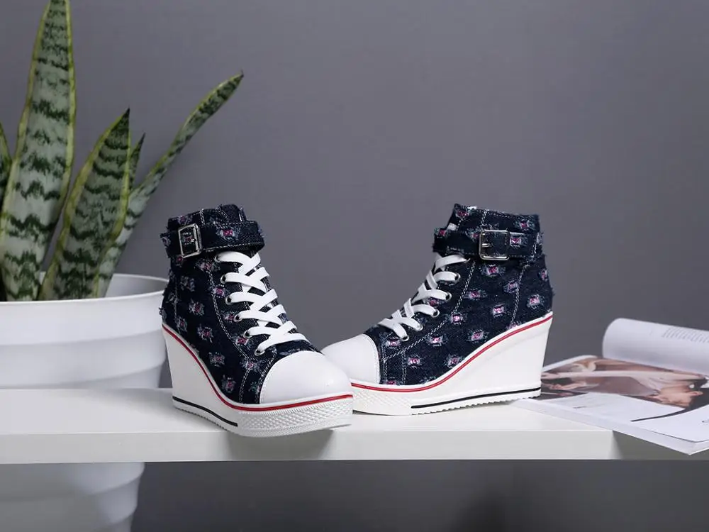 Wholesale top quality fashion high heel sneakers women wedge heel canvas shoes