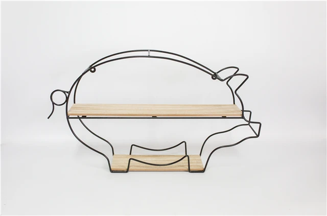 Hot Sale 2 Tier Rustic Farmhouse Pig Shaped Decorative Metal Framed Rack Wooden Wall Mounted Display Shelf