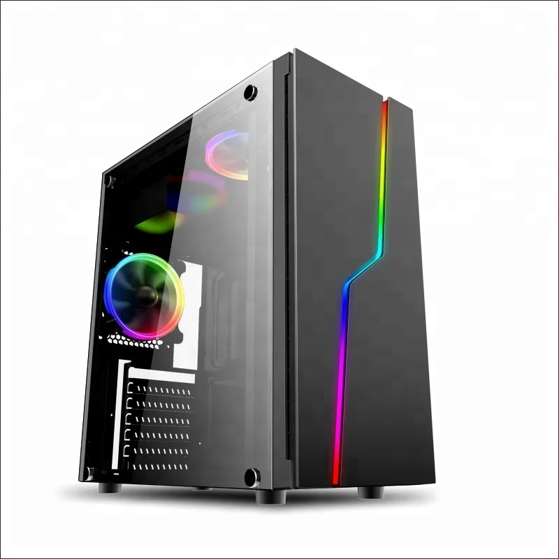 
Desktop entry-level ATX gaming case with auto RGB strip LED cooling fan semi-transparent side panel tempered glass 