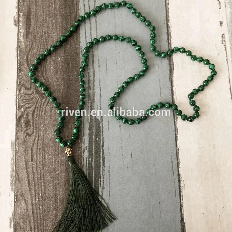 ST0447 Green Malachite Mala 108 Beads Buddha Prayer Beads Meditation Tassel Mala Hand Knotted Necklace