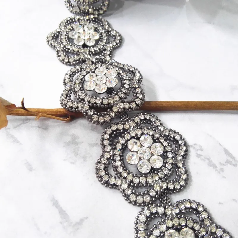 Antique Silver Flower Trim Rhinestone Applique Chain for Garment