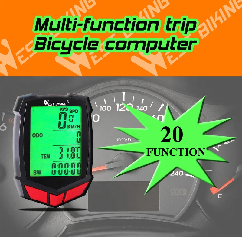 
WEST BIKING Bike Computer Mount 20 Functions Speedometer Odometer Cycling Computer Waterproof Wireless Exercise Bicycle Computer 
