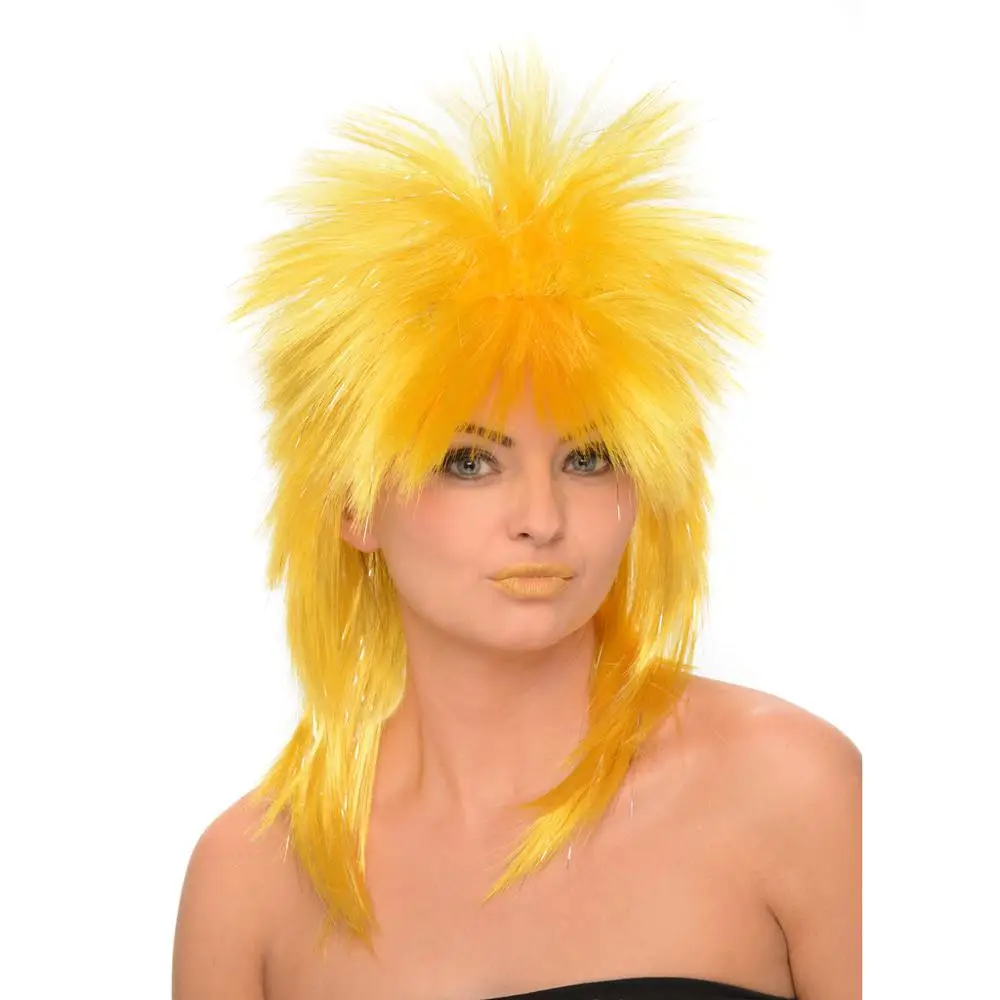 Adult 80s ROCKER WIG Diva Spiky Mullet Neon Orange Tinsel Wig