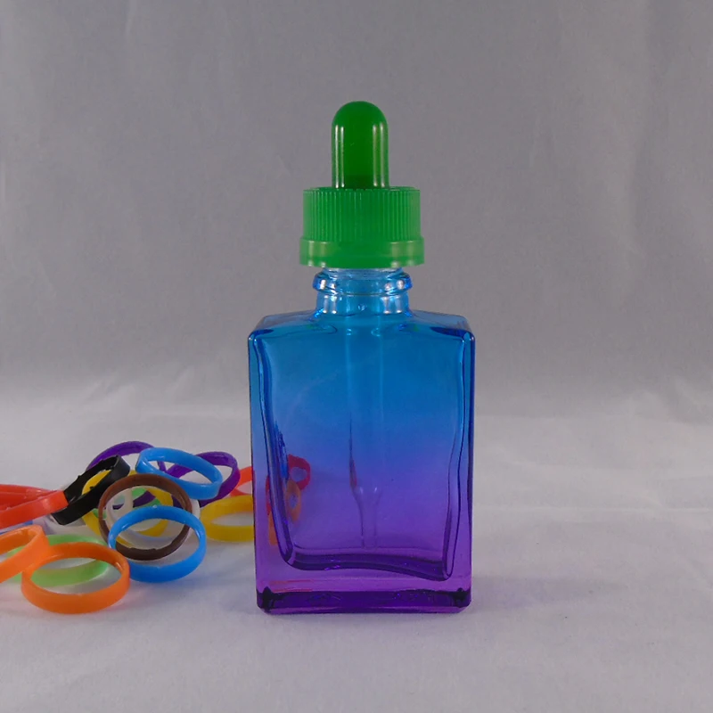 cosmetic oil 1 oz 30ml square rectangle shape blue & purple glass dropper beard oil bottle