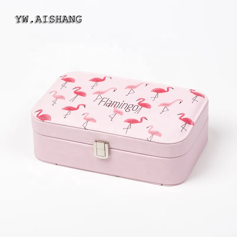 
Hot Sale Ins Style Flamingo Imprint Jewelry Organizer Pink Leather Travel Jewelry Case For Lady 