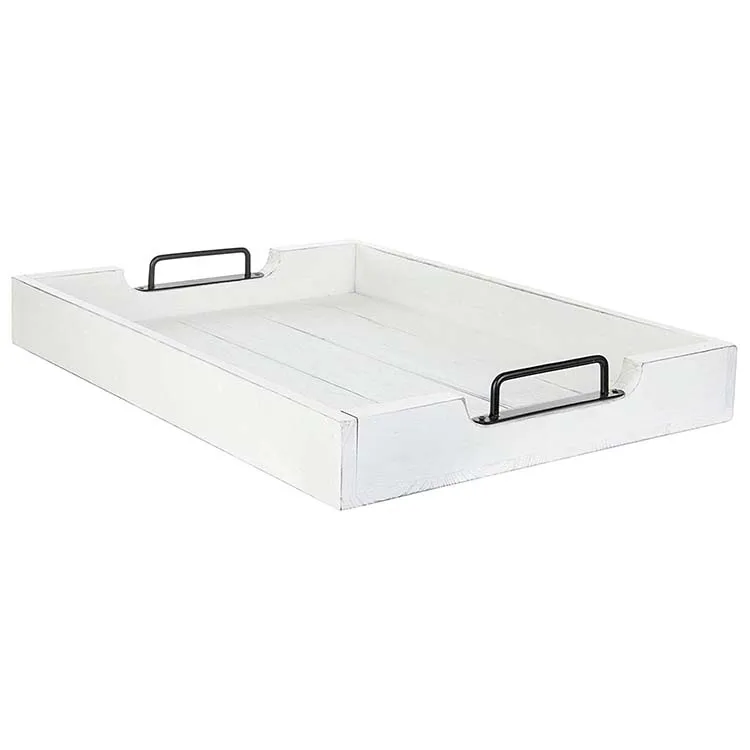
Vintage White Wood 20-Inch Serving Tray with Black Metal Handles 