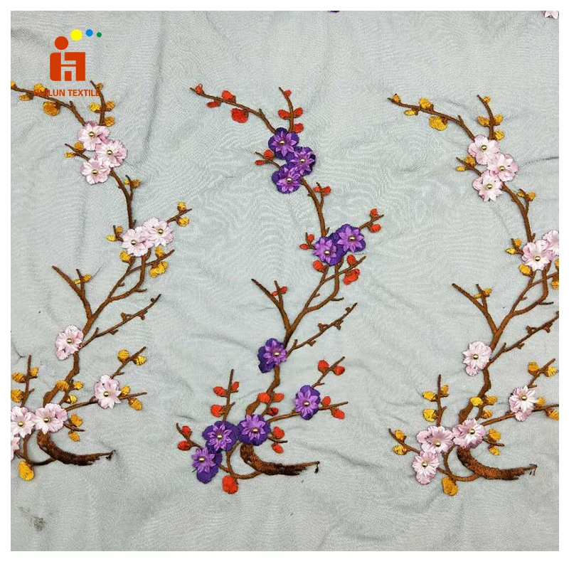 HLS163# high end fashion design printed organza fabric 3D flower applique embroidery