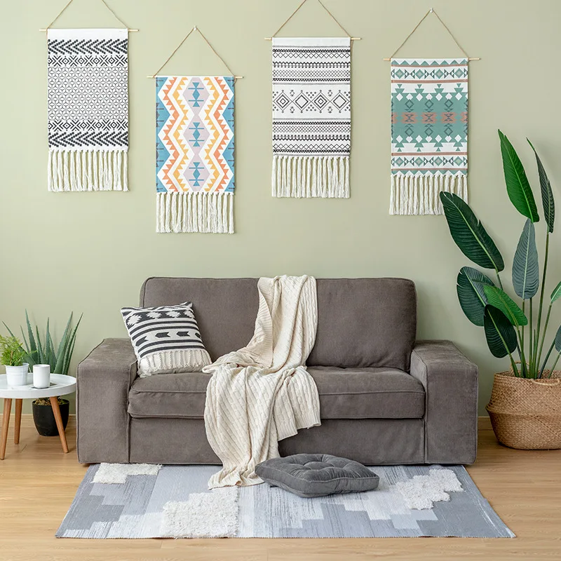Woven Macrame Wall Hanging Boho Tapestry Home Nursery Wall Decor Retro Tassels Tapestry Geometric Pattern