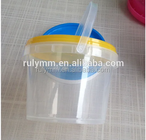 Qingdao factory clear/transparent food grade plastic buckets with custom lid color