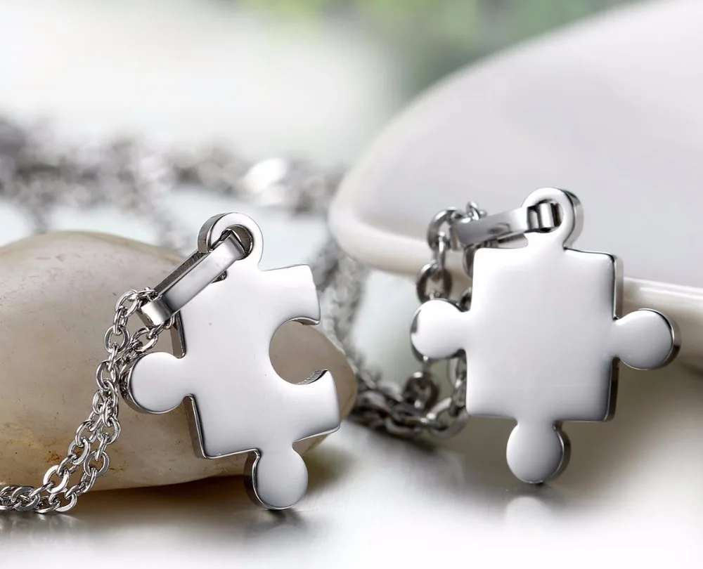 Stainless Steel Cute Couples Puzzle Necklace Pendant Piece Charms Plated Color Sweethearts Necklaces for Christmas Gift