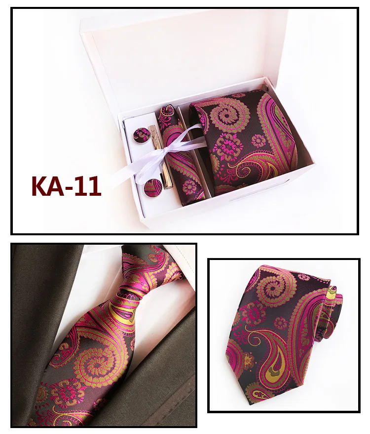 Wholesale Mens silk tie pocket square cufflinks tie clip gift set with gift box