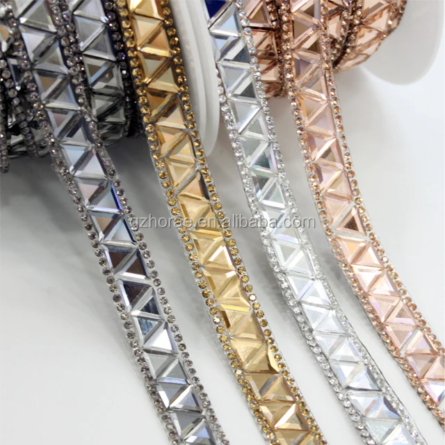 tr023 adhesive shoe decoration trim 1cm width glass beads rhinestone chain hot fix crystal trim for shoe